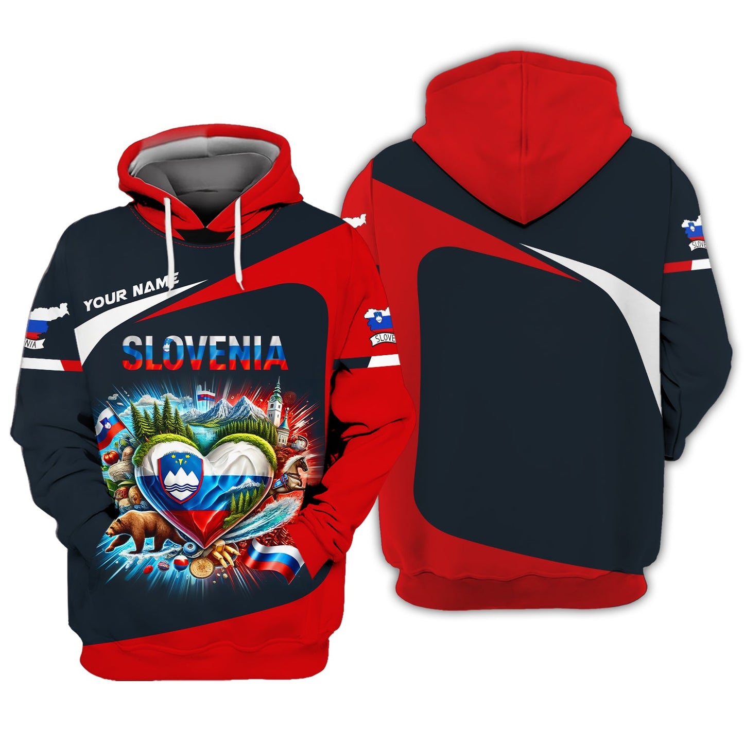 Sudadera con capucha y cremallera con corazón de Eslovenia y nombre personalizado Camiseta de Eslovenia Camiseta unisex de Eslovenia