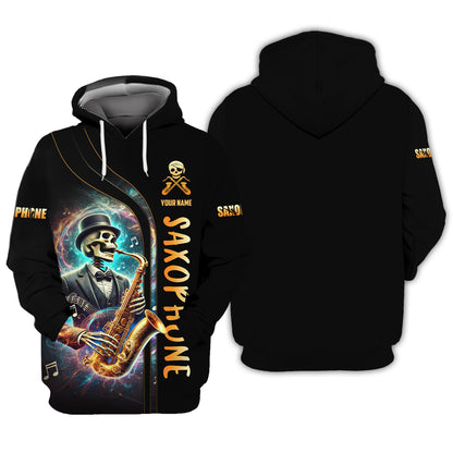 Camisetas personalizadas con diseño de esqueleto de artista tocando el saxofón Camiseta 3D de saxofón Regalo para amantes del saxofón