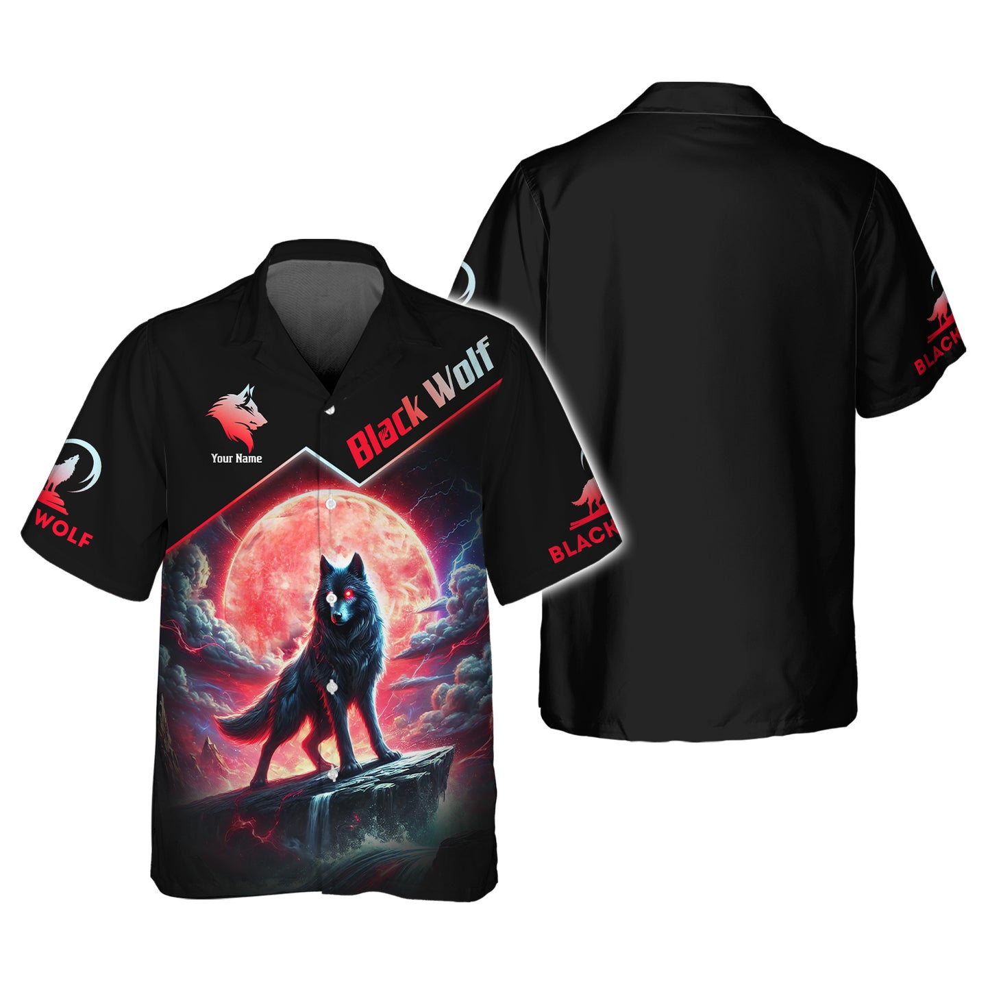 T-shirt imprimé 3D avec loup noir et lune rouge, cadeau personnalisé pour les amoureux des loups