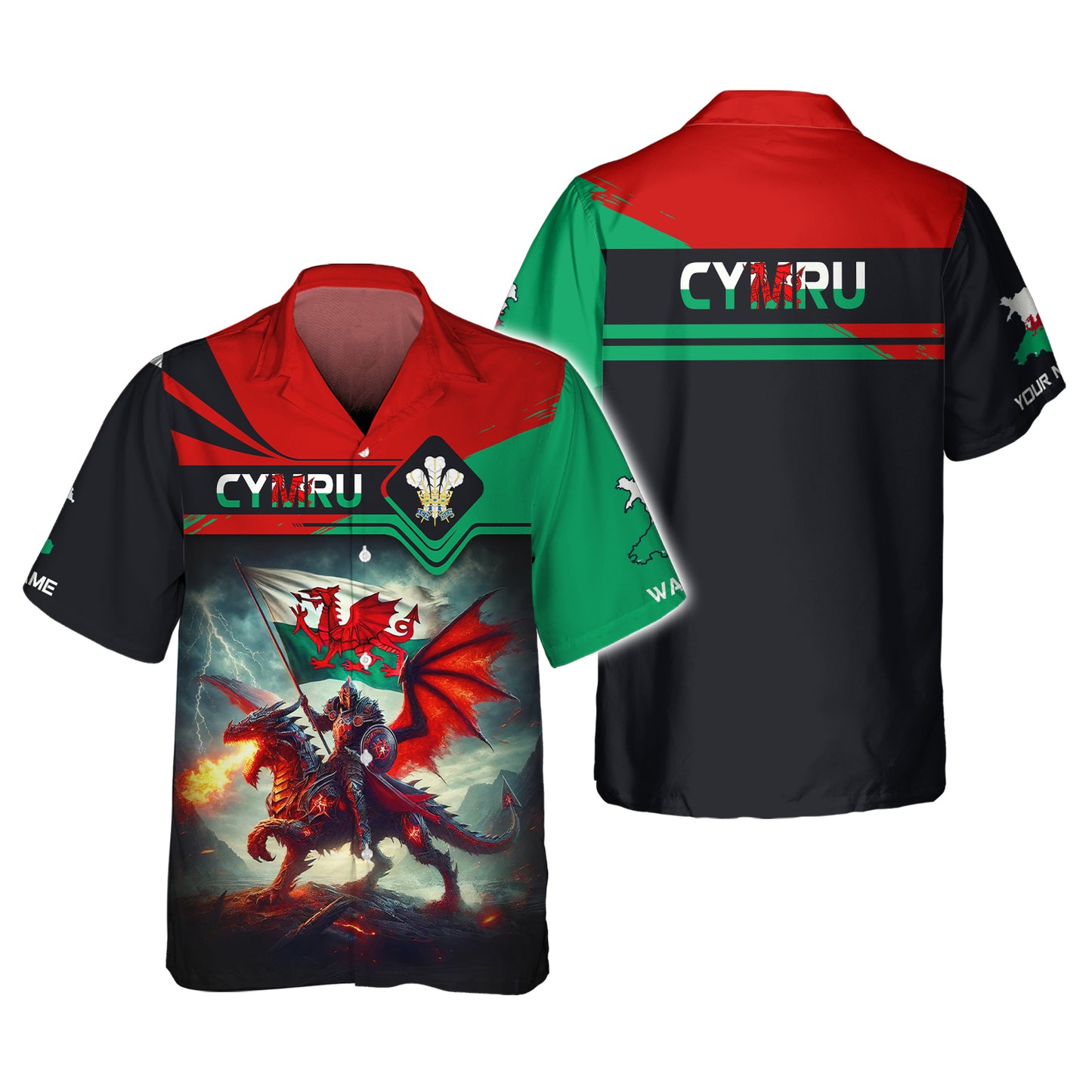 Chevalier avec dragon Pays de Galles Nom personnalisé T-shirt 3D Cadeau personnalisé pour les amoureux de CYMRU