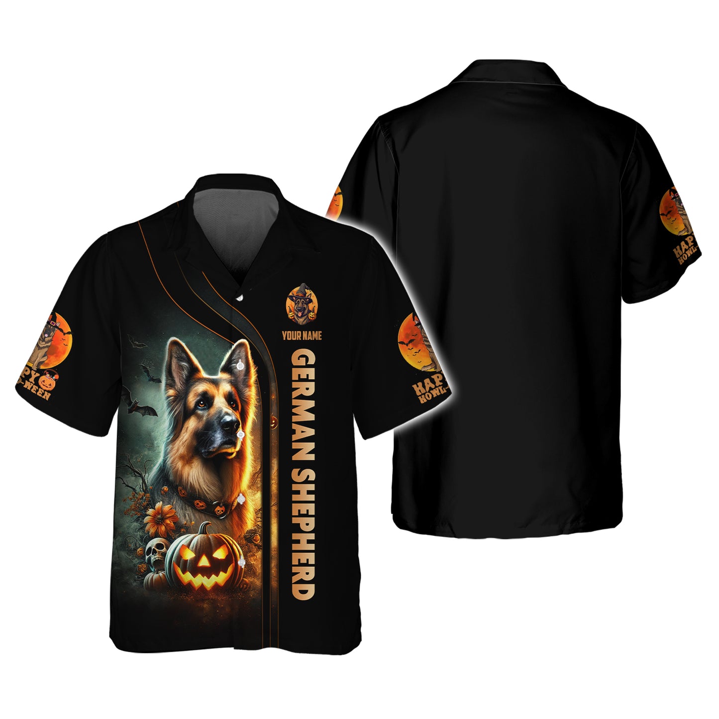 Camisetas personalizadas con nombre en 3D y mensaje de feliz Halloween Camiseta de Halloween con calabaza y pastor alemán