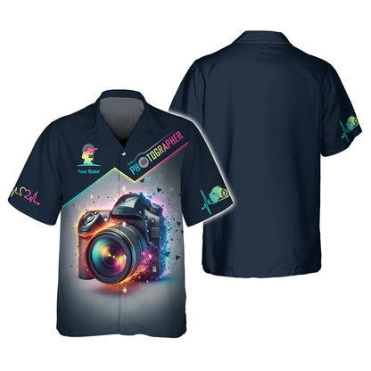 Camiseta con cámara colorida con impresión 3D completa, regalo personalizado con nombre para amantes de la fotografía