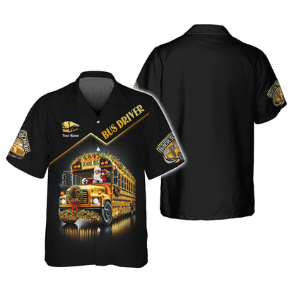 Custom Name T-Shirt Santa Claus Driving A Christmas Themed School Bus Gift For Bus Drive Lover