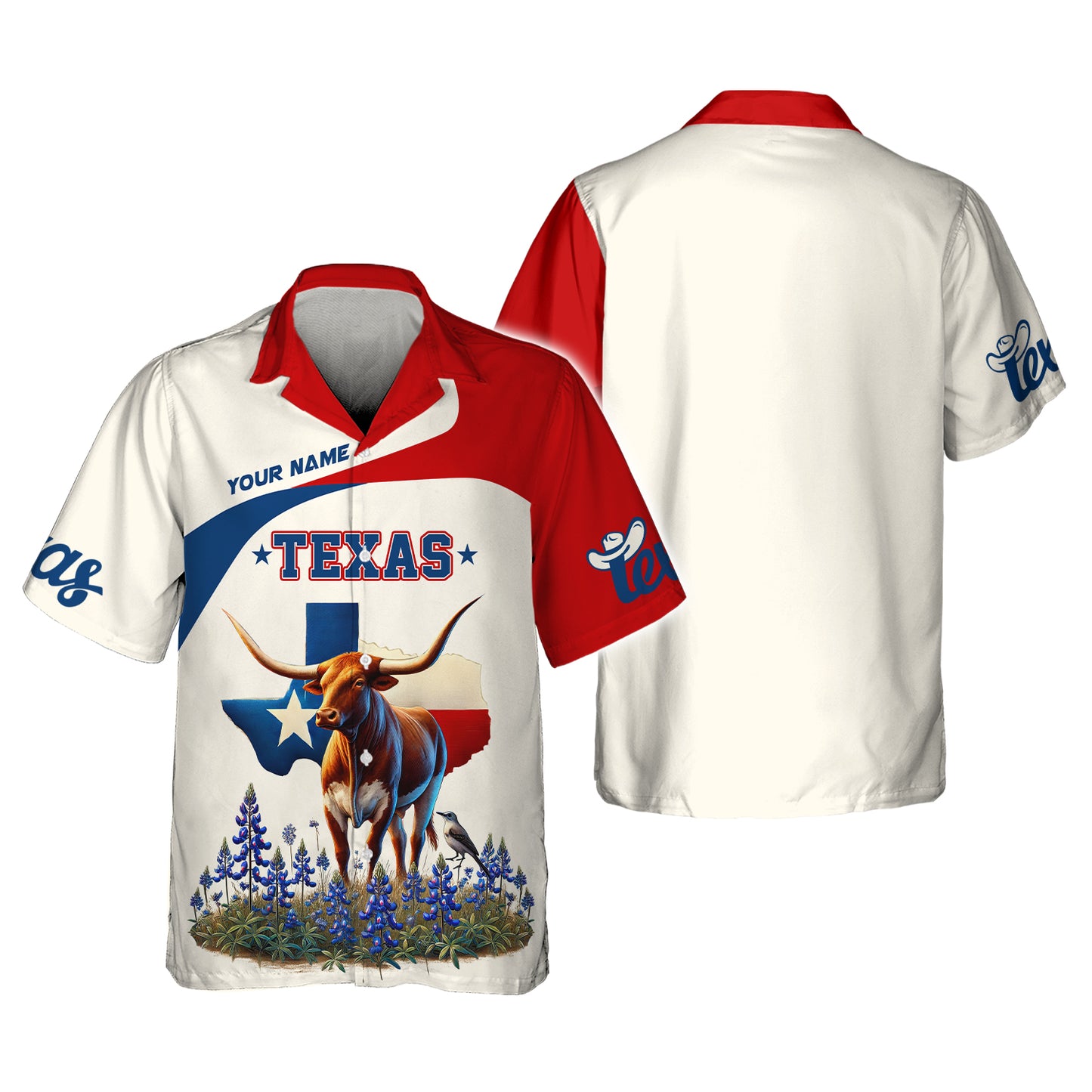 Camiseta personalizada con nombre en 3D de Texas Longhorn y Mockingbird con mapa de Texas, regalo personalizado para amantes de Texas