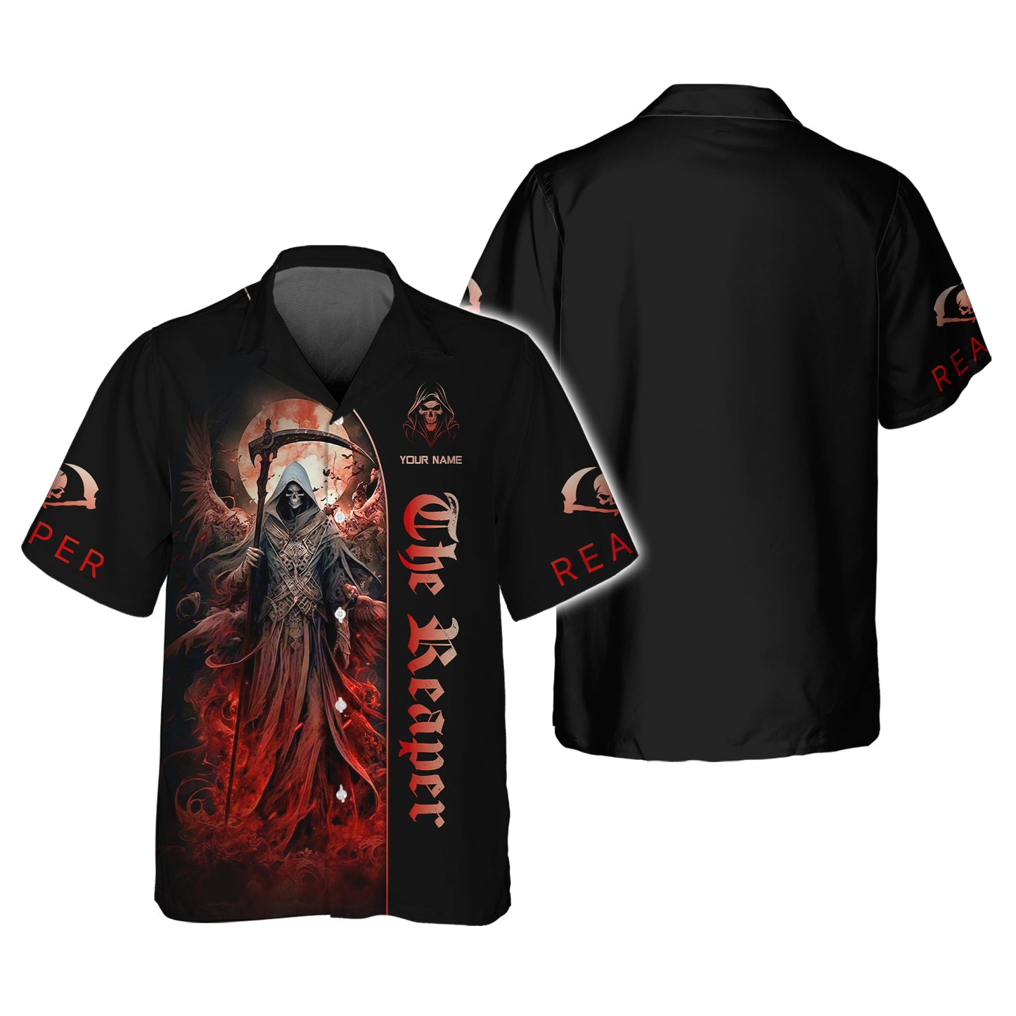 T-shirts à impression 3D complète The Reaper avec lune rouge Cadeau personnalisé pour les amoureux des crânes