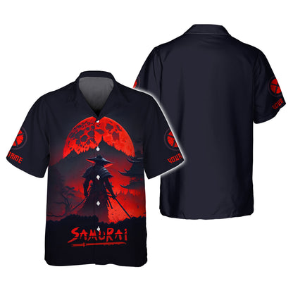 Camisa con estampado 3D completo de guerrero samurái bajo la luz de la luna roja, regalo personalizado con nombre para amantes de los samuráis