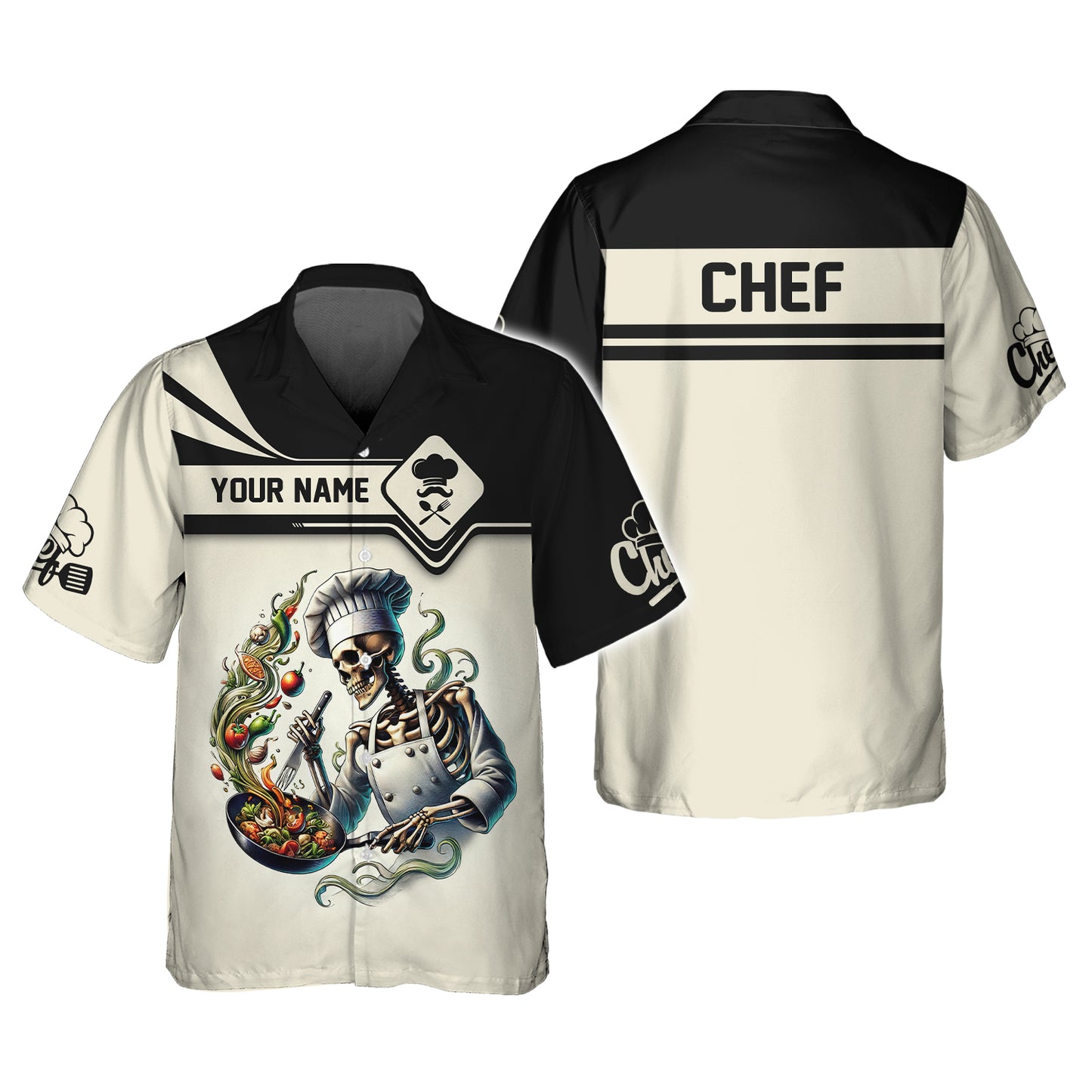 T-shirt squelette de chef entièrement imprimé en 3D avec poêle à nourriture, cadeau personnalisé pour les amateurs de chef