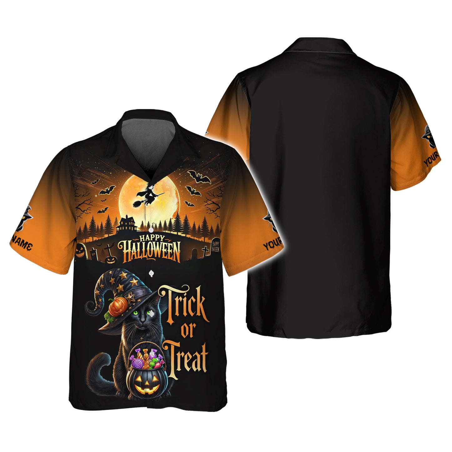 T-shirt personnalisé avec nom d'Halloween en 3D avec chat noir, cadeau pour les amoureux d'Halloween