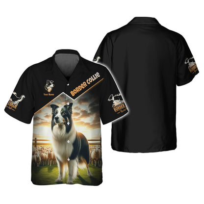 T-shirts 3D Full Print Border Collie On Sheep Farm Cadeau personnalisé avec nom pour les amoureux des chiens