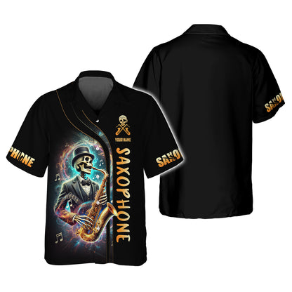 T-shirts personnalisés d'artiste squelette jouant du saxophone T-shirt 3D Saxophone Cadeau pour les amateurs de saxophone