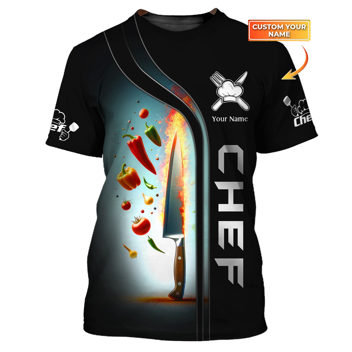 Cuchillo de chef y verduras Camisetas 3D Cuchillos de cocina Camiseta personalizada