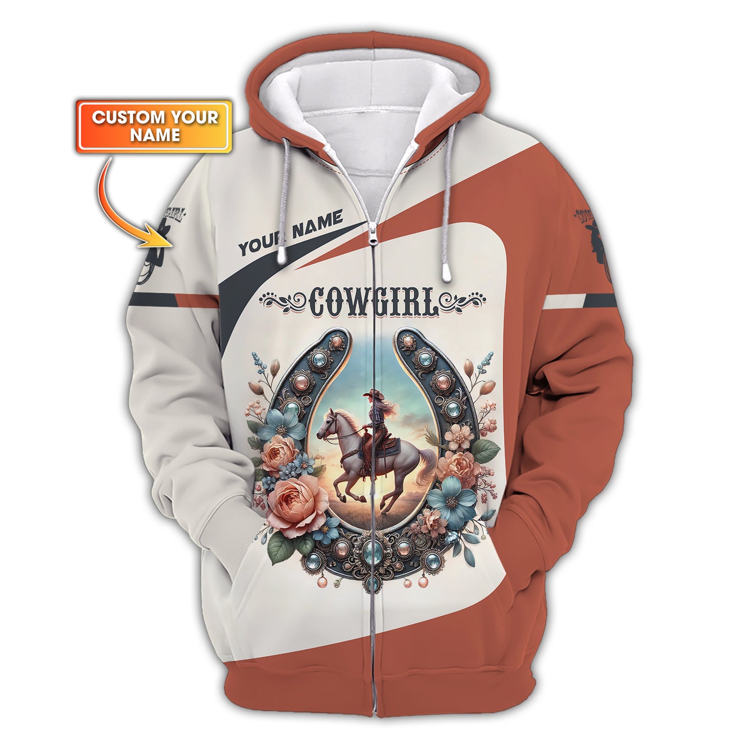 Custom Name Cowgirl With Horseshoe Flowers 3D Zipper Hoodie Gift For Cowgirl Lovers