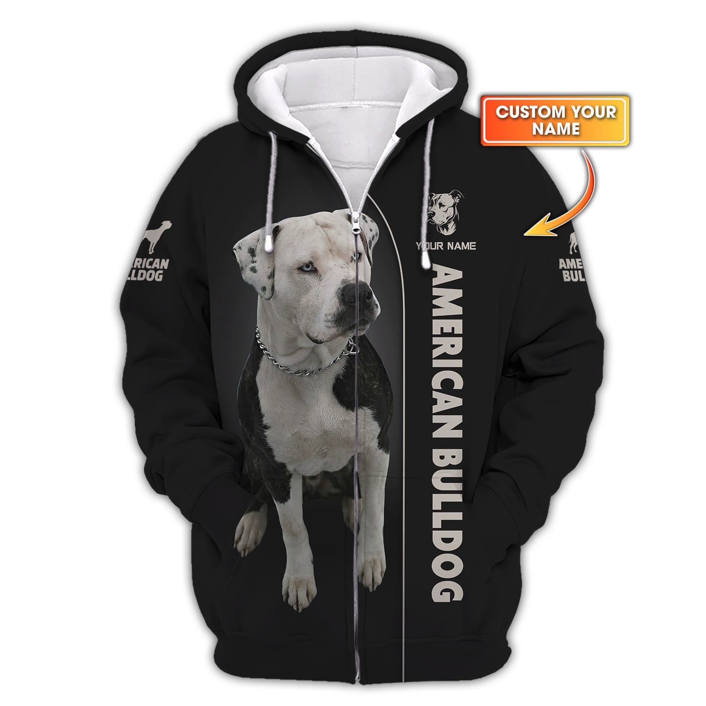 Sudadera con capucha y cremallera con estampado 3D de bulldog americano, regalo personalizado con nombre para amantes de los perros