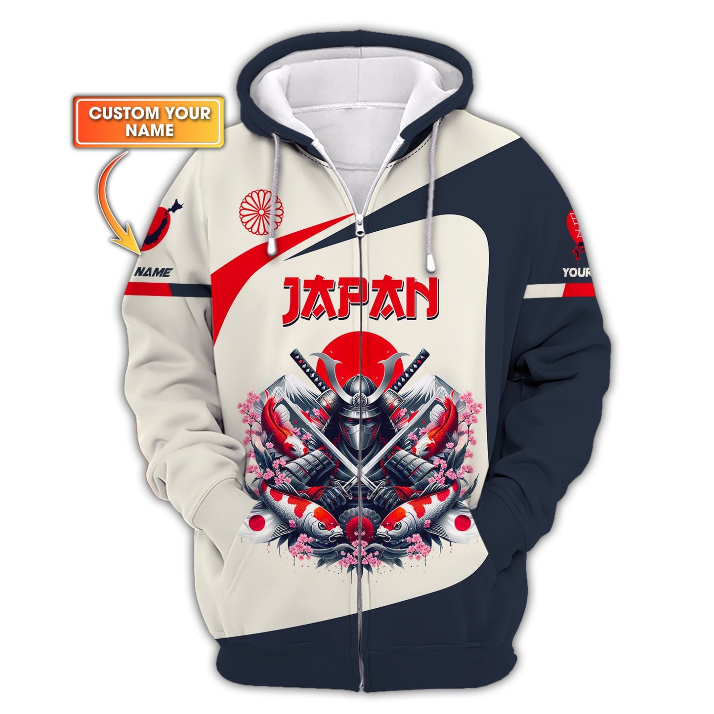 Japan Custom Zipper Hoodie Samurai With Koi Fish 3D Shirt Gift For Japanese Lover