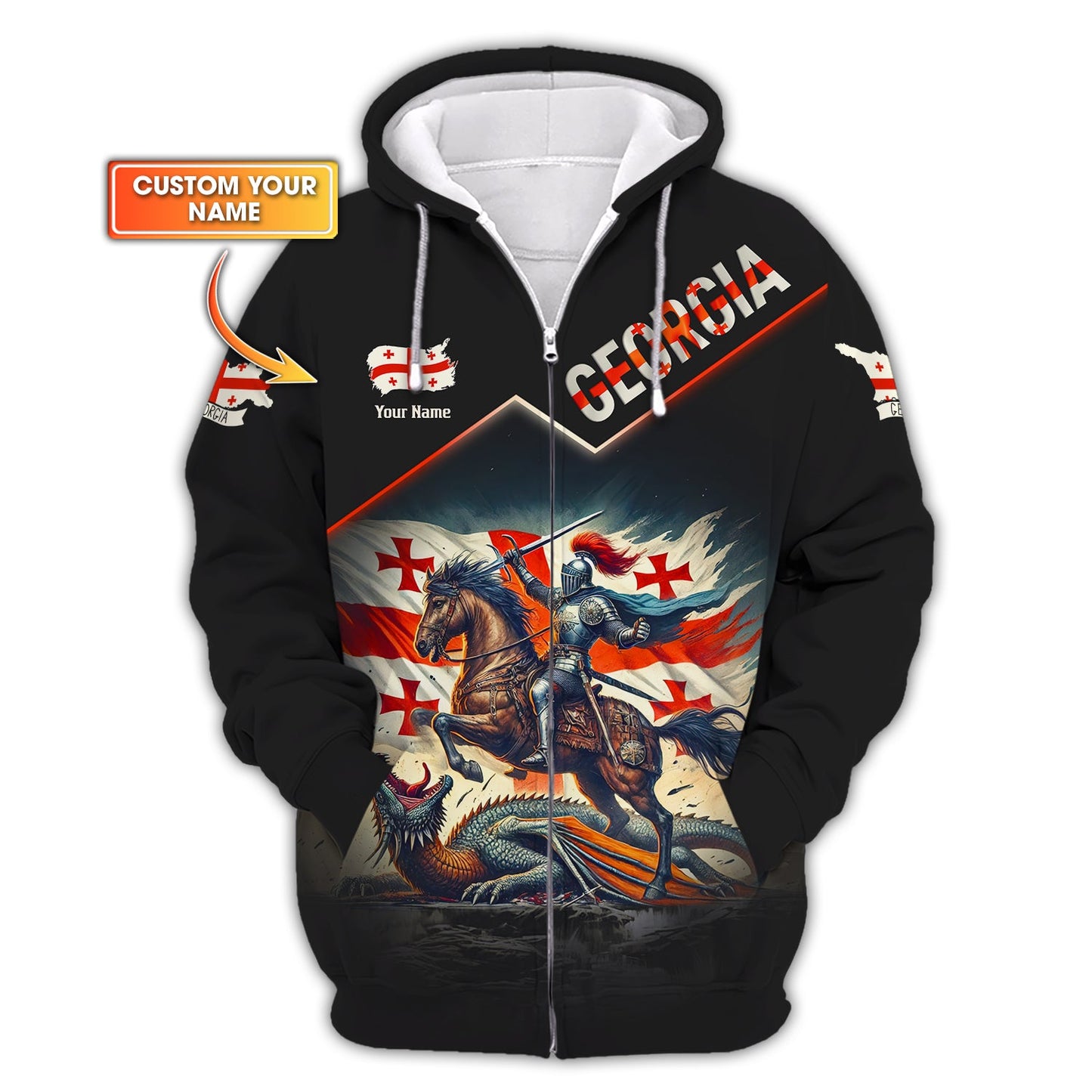 Sudadera con capucha personalizada con cremallera 3D y nombre de caballero con dragón de Georgia, regalo personalizado para los amantes de Gruzia