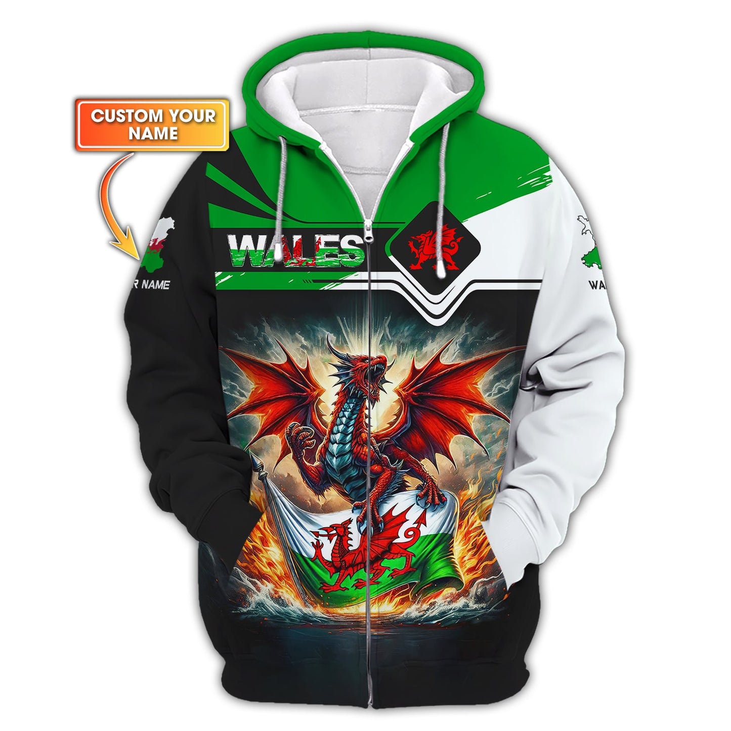 Red Dragon With Wales Flag Custom T-Shirt Personalized Name 3D Zipper Hoodie Gift For Wales Lovers