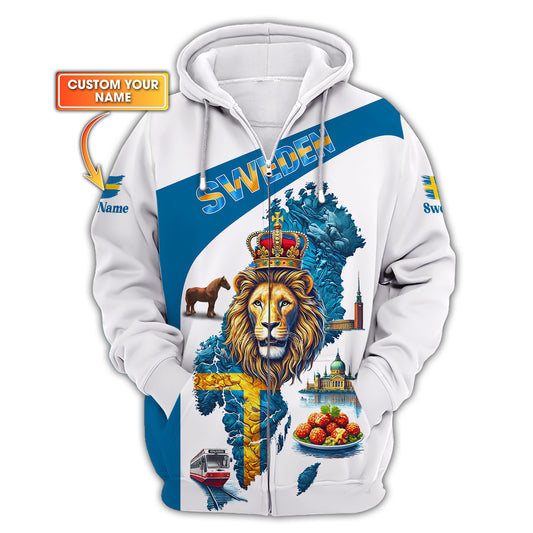 Sudadera con capucha y cremallera con mapa de Suecia e impresión completa en 3D de El Rey León, regalo con nombre personalizado para amantes suecos