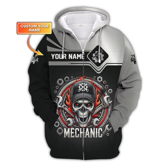 3D Full Print Mechanic Skull Zipper Hoodie Personalized Name Gift For Mechanic Lovers