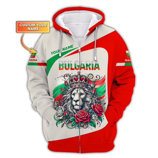 Sudadera con capucha y cremallera con nombre personalizado de Bulgaria, Rey León con rosa, camisetas en 3D, regalo para amantes de Bulgaria