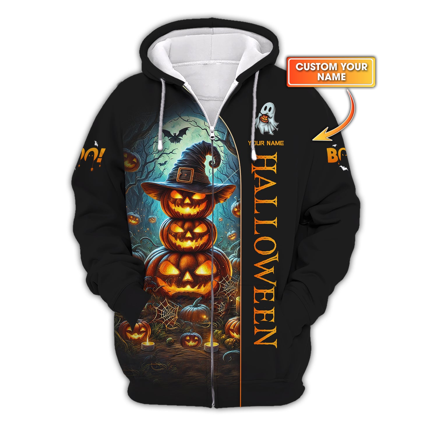 Sweat à capuche personnalisé avec fermeture éclair et citrouille d'Halloween, cadeau pour les amoureux d'Halloween en 3D