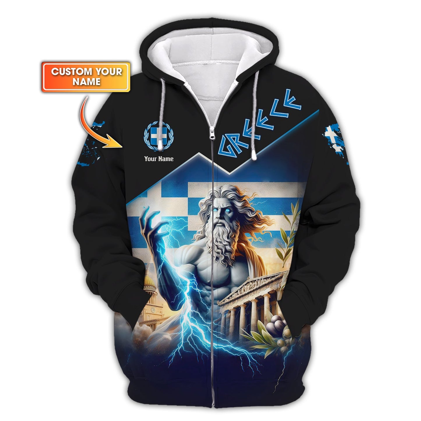 Sudadera con capucha y cremallera con estampado 3D completo de Zeus, Grecia, regalo con nombre personalizado para amantes griegos