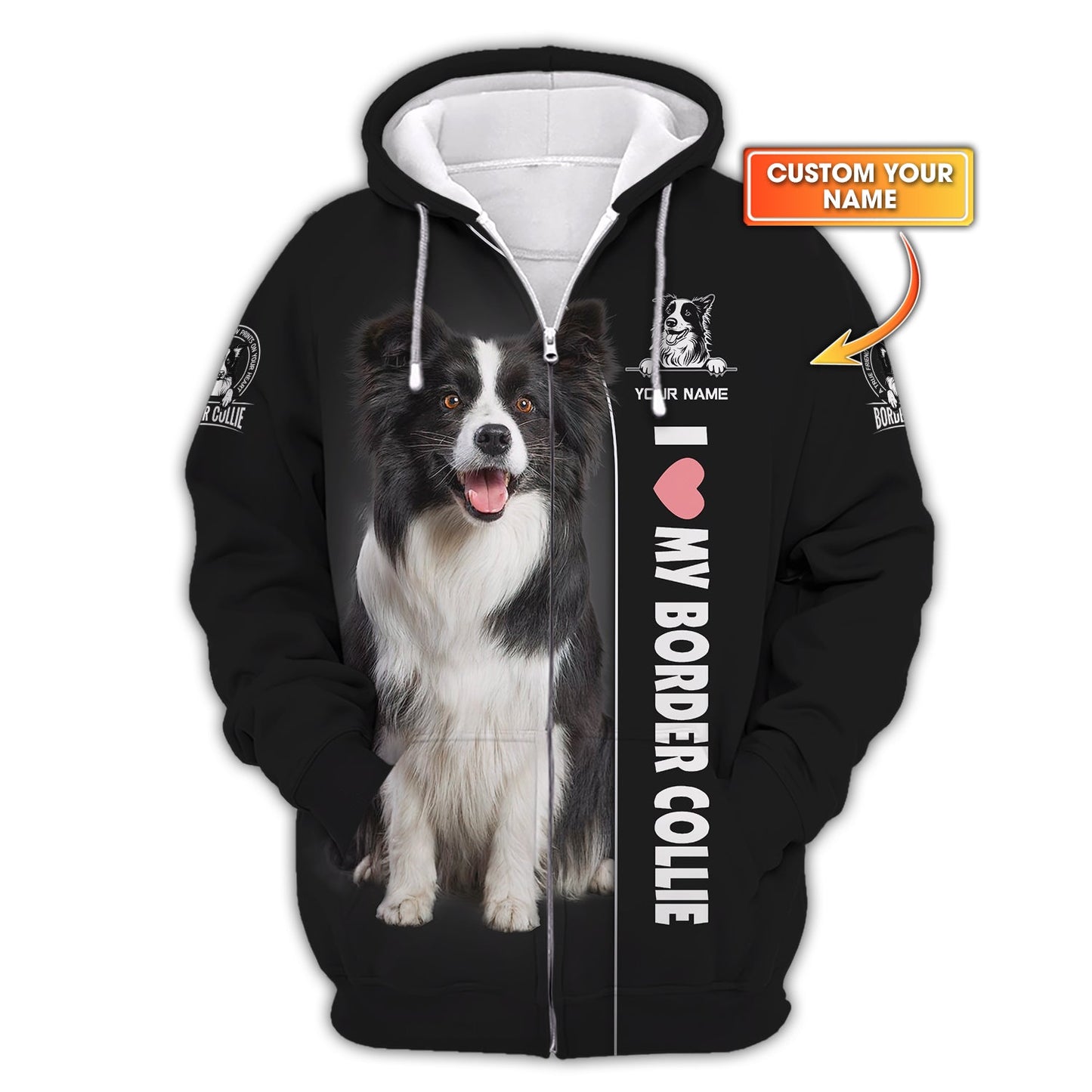 Sweat à capuche zippé avec nom personnalisé Border Collie Gif pour les amoureux des chiens T-shirts 3D