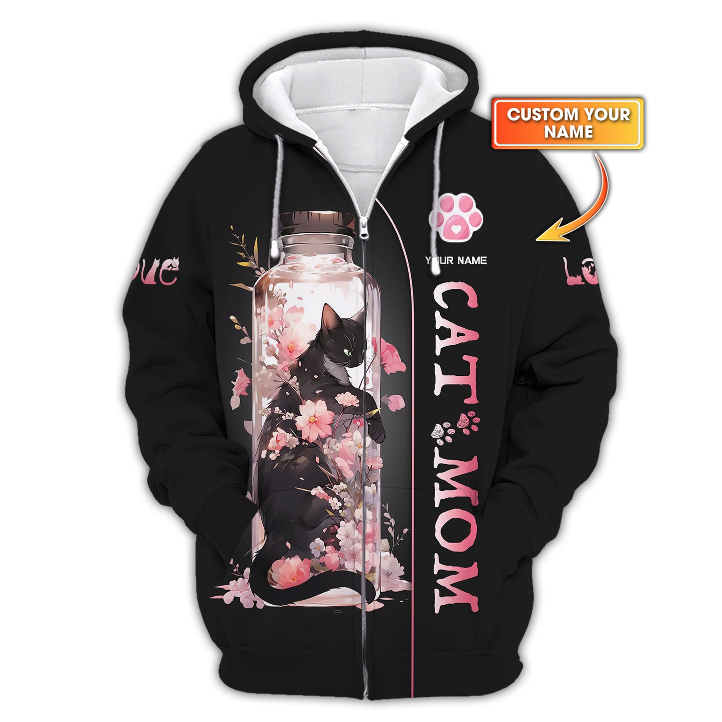 Sudadera con capucha y cremallera 3D con nombre personalizado de gato negro en un frasco de flores de cerezo para amantes de los gatos