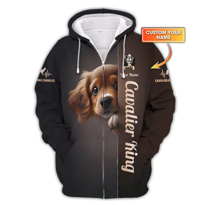 Sudadera con capucha y cremallera con estampado 3D completo de Cavalier King Charles Spaniel, regalo personalizado con nombre para amantes de los perros