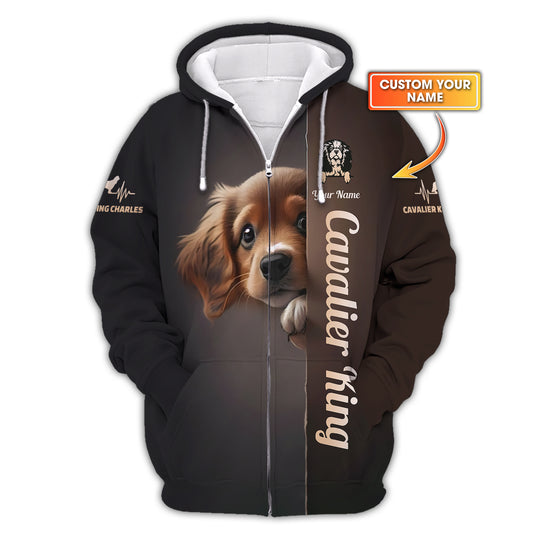 Sweat à capuche zippé pour chien Cavalier King Charles Spaniel imprimé en 3D, cadeau personnalisé avec nom pour les amoureux des chiens