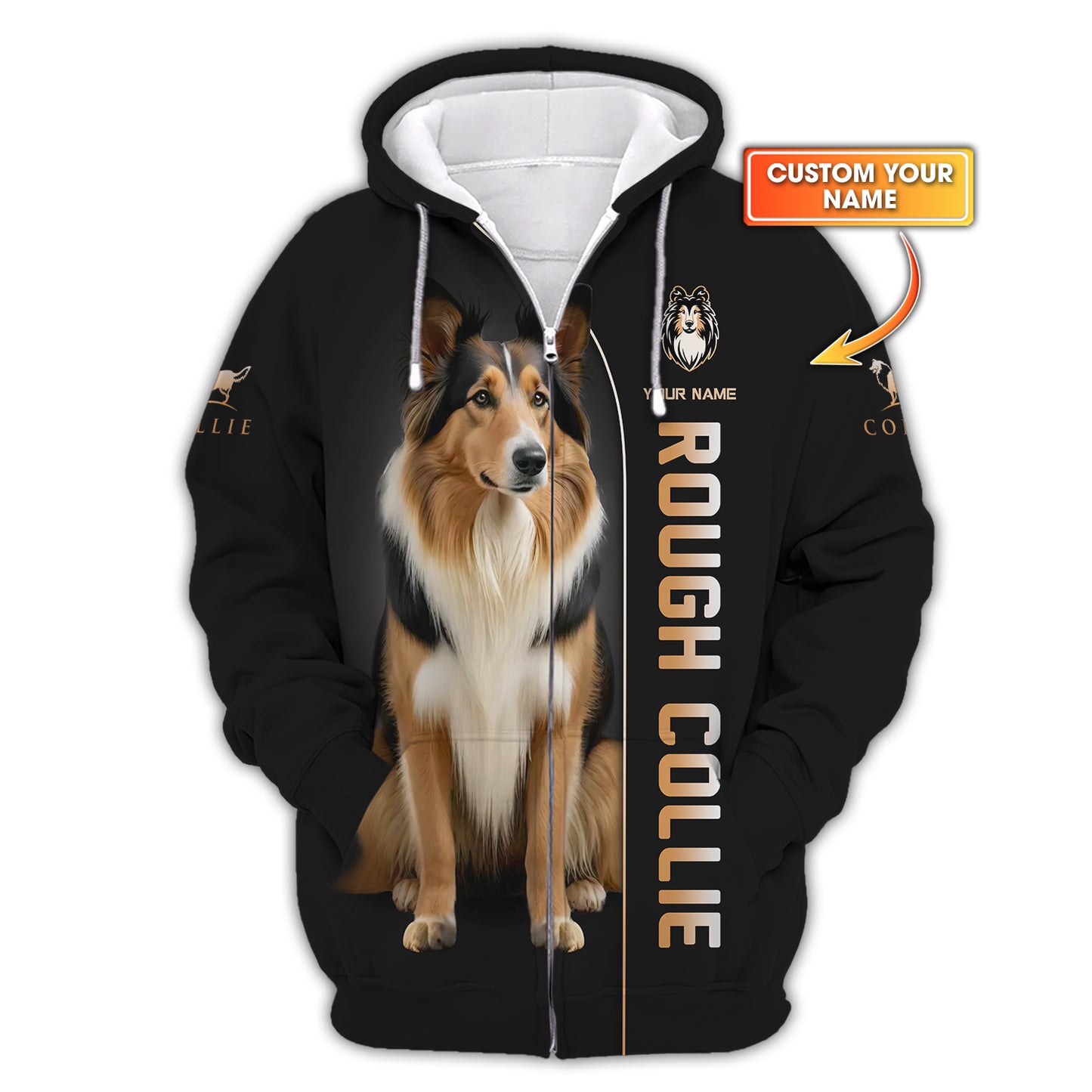 Customizable Rough Collie Zipper Hoodie Personalized Name Gift For Dog Lovers