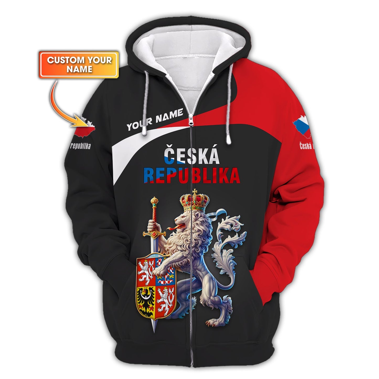 Sudadera con capucha y cremallera 3D con nombre personalizado de Ceska Republika, regalo personalizado para los amantes de la República Checa