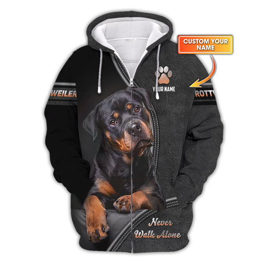 Rottweiler Custom Name Zipper Hoodie Never Walk Alone Gift For Dog Lover 3D Shirts