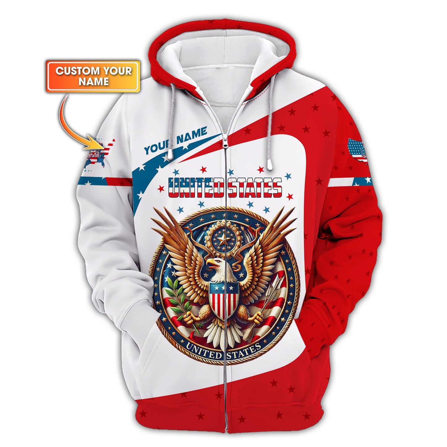 Sudadera con capucha y cremallera 3D con nombre personalizado y escudo de armas de Estados Unidos, regalo personalizado para amantes de los Estados Unidos