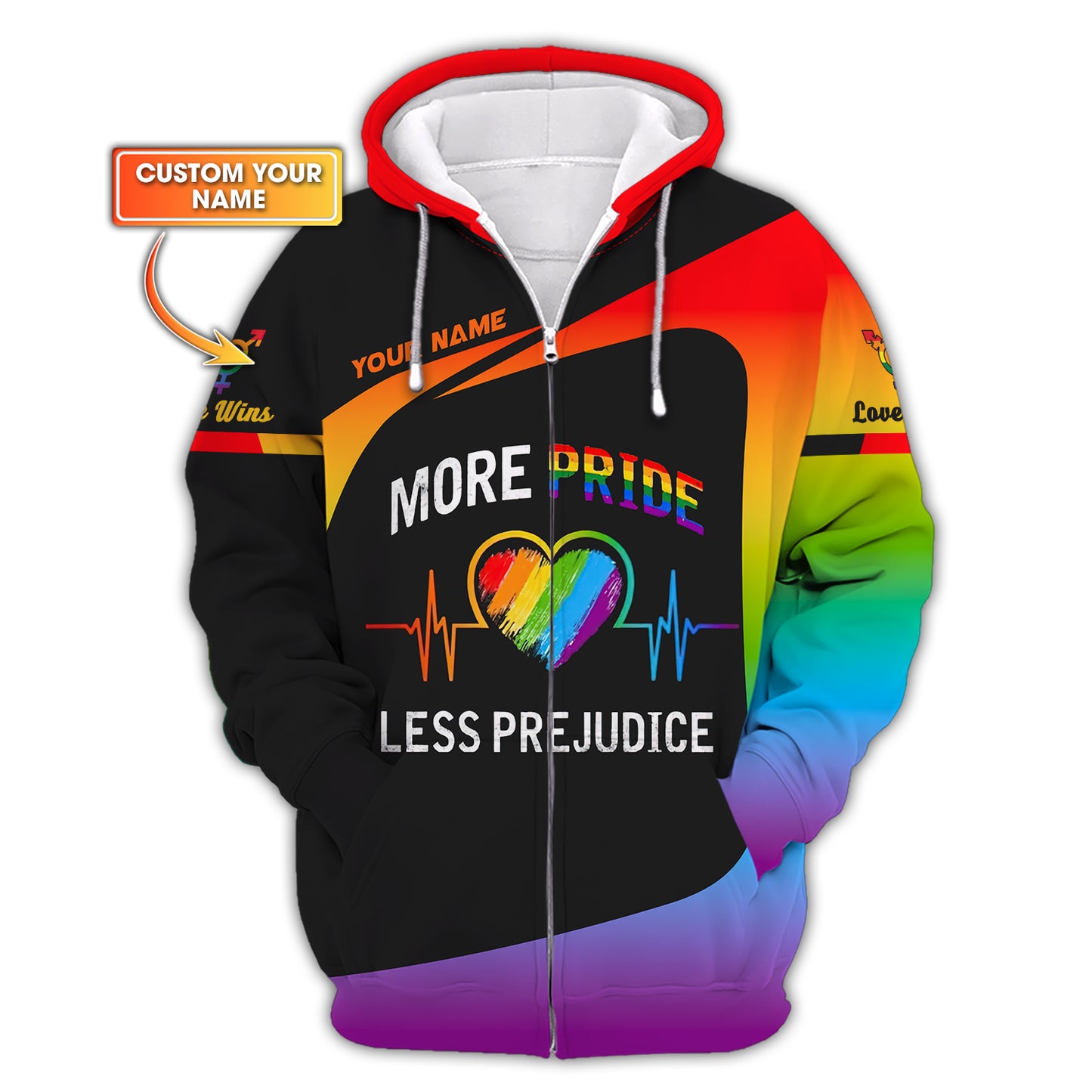 LGBT Custom Name Zipper Hoodie More Pride Less Prejudice 3D Shirts Gift For LGBT Lovers