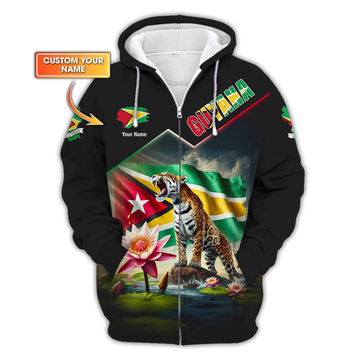 Sudadera con capucha y cremallera de Guyana con estampado completo en 3D, regalo personalizado con nombre para amantes de Guyana