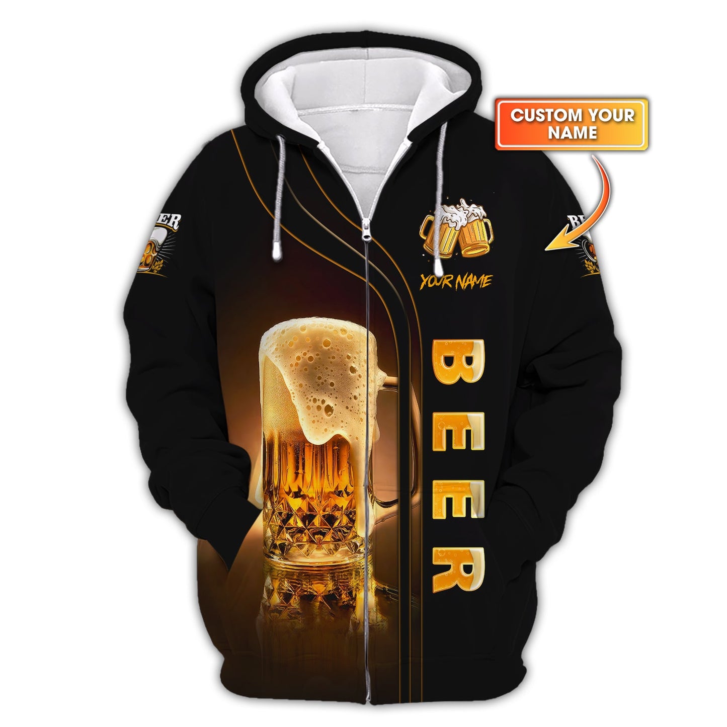 Sudadera con capucha y cremallera con nombre personalizado en 3D Love Beer, regalo personalizado para amantes de la cerveza