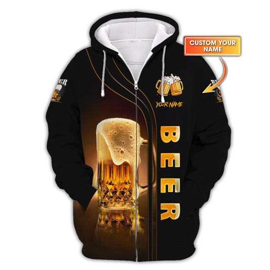 Sweat à capuche zippé avec nom personnalisé Love Beer 3D Cadeau personnalisé pour les amateurs de bière