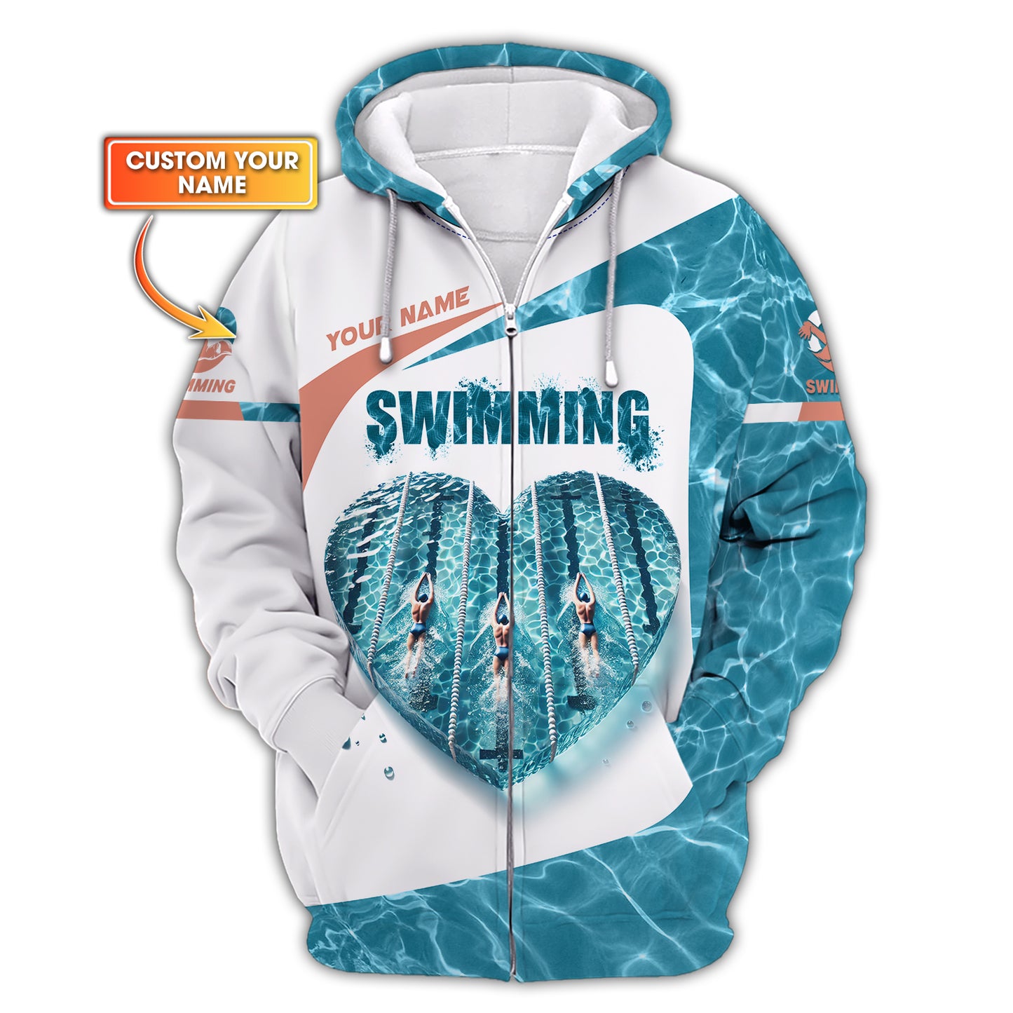 3D Full Print Swimming Heart Zipper Hoodie Personalized Name Gift For Swimming Lovers