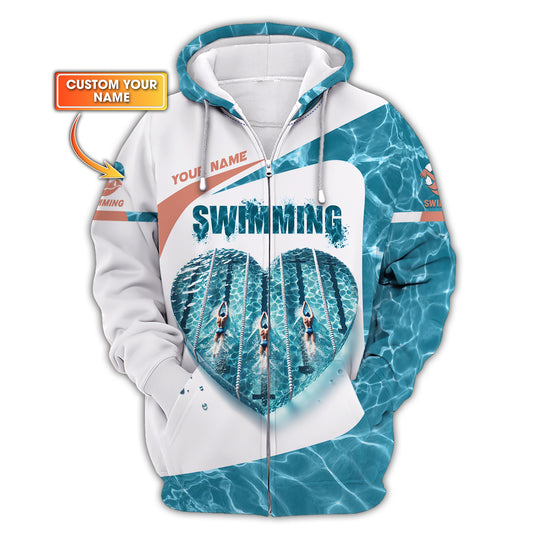 3D Full Print Swimming Heart Zipper Hoodie Personalized Name Gift For Swimming Lovers