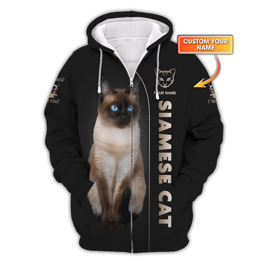 3D Full Print Siamese Cat Zipper Hoodie Personalized Name Gift For Cat Lovers