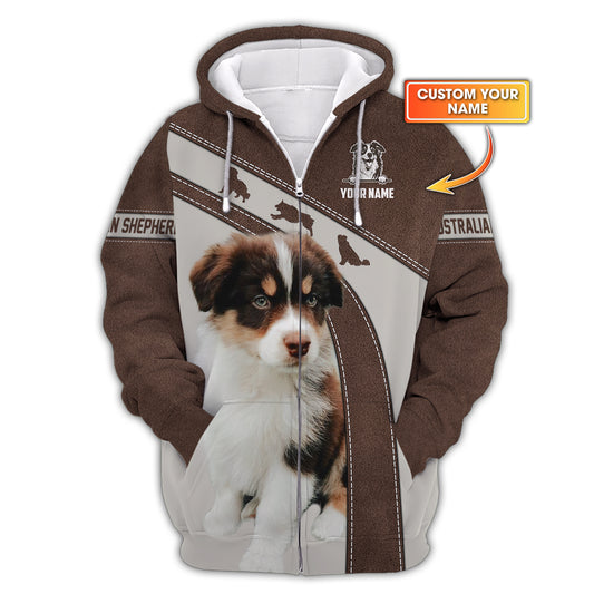 Sudadera con capucha y cremallera con estampado 3D de pastor australiano, regalo personalizado con nombre para amantes de los perros