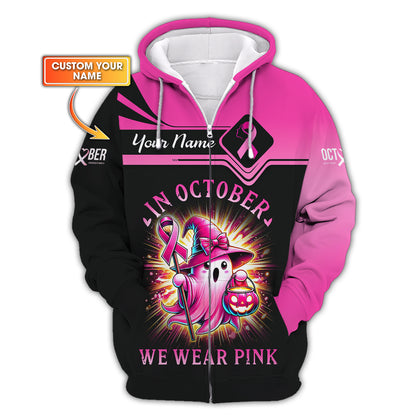 Sudadera con capucha con cremallera y estampado 3D completo "En octubre usamos rosa", regalo personalizado con nombre para supervivientes de cáncer