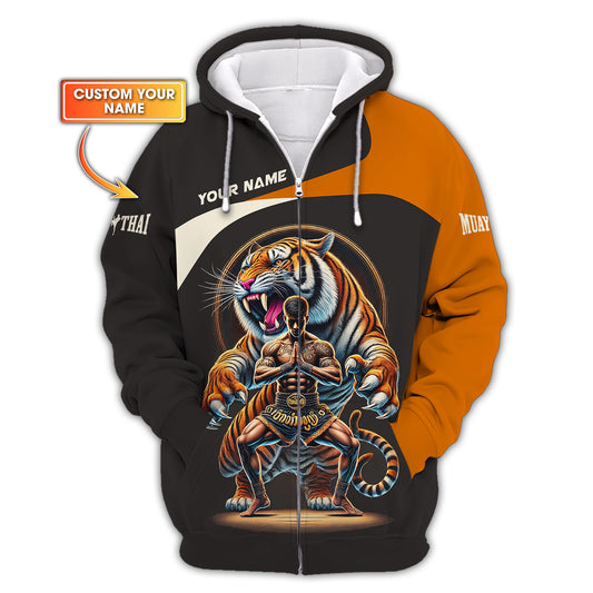 Sweat à capuche Tiger Muay Thai 3D Full Print Zipper Cadeau personnalisé pour les amateurs de Muay Thai