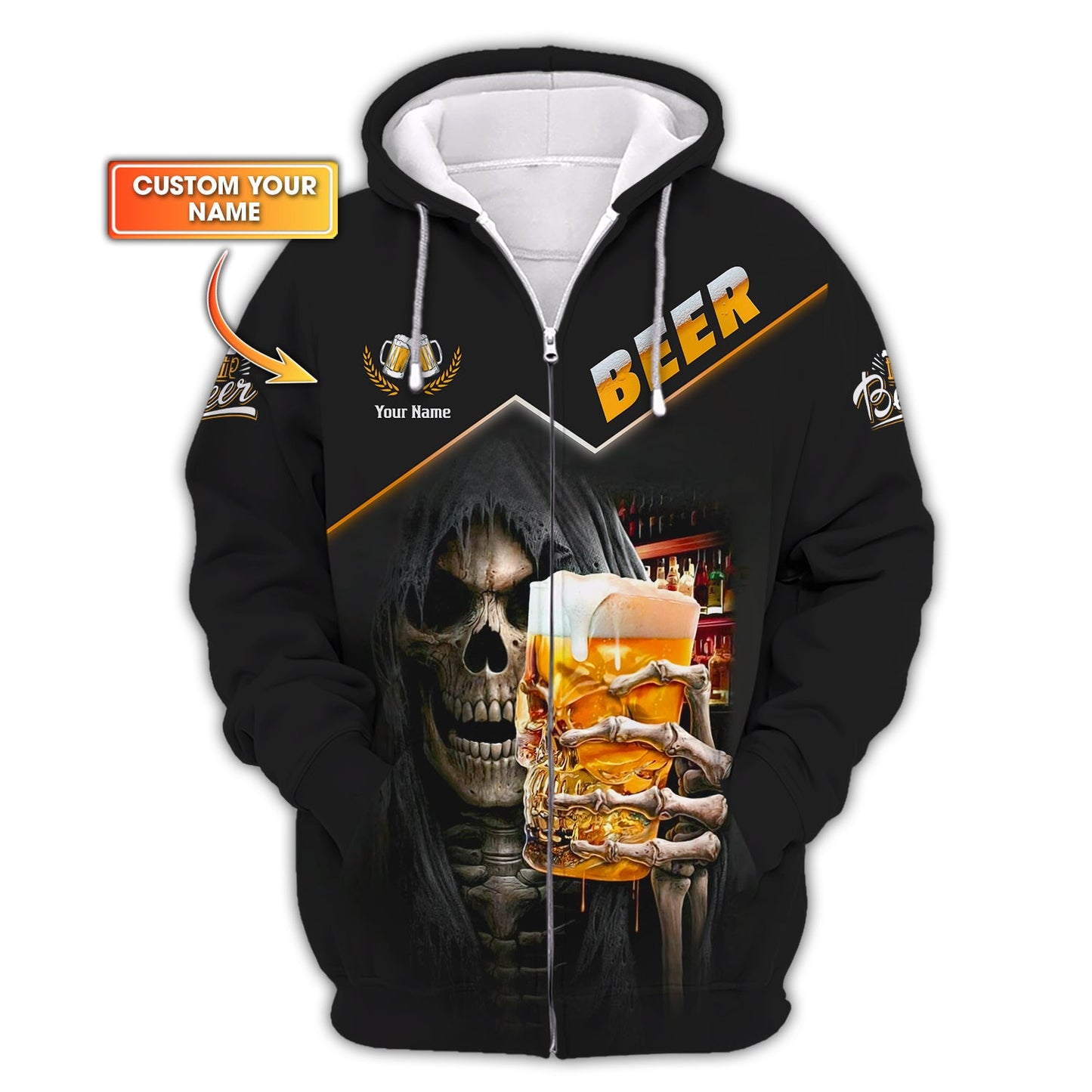 Sudadera con capucha y cremallera 3D con nombre personalizado y taza de calavera de cerveza, regalo para amantes de la cerveza