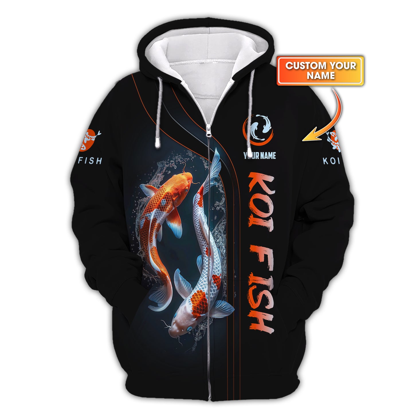 3D Full Print Koi Fish Zipper Hoodie Personalized Name Gift For Koi Fish Lovers