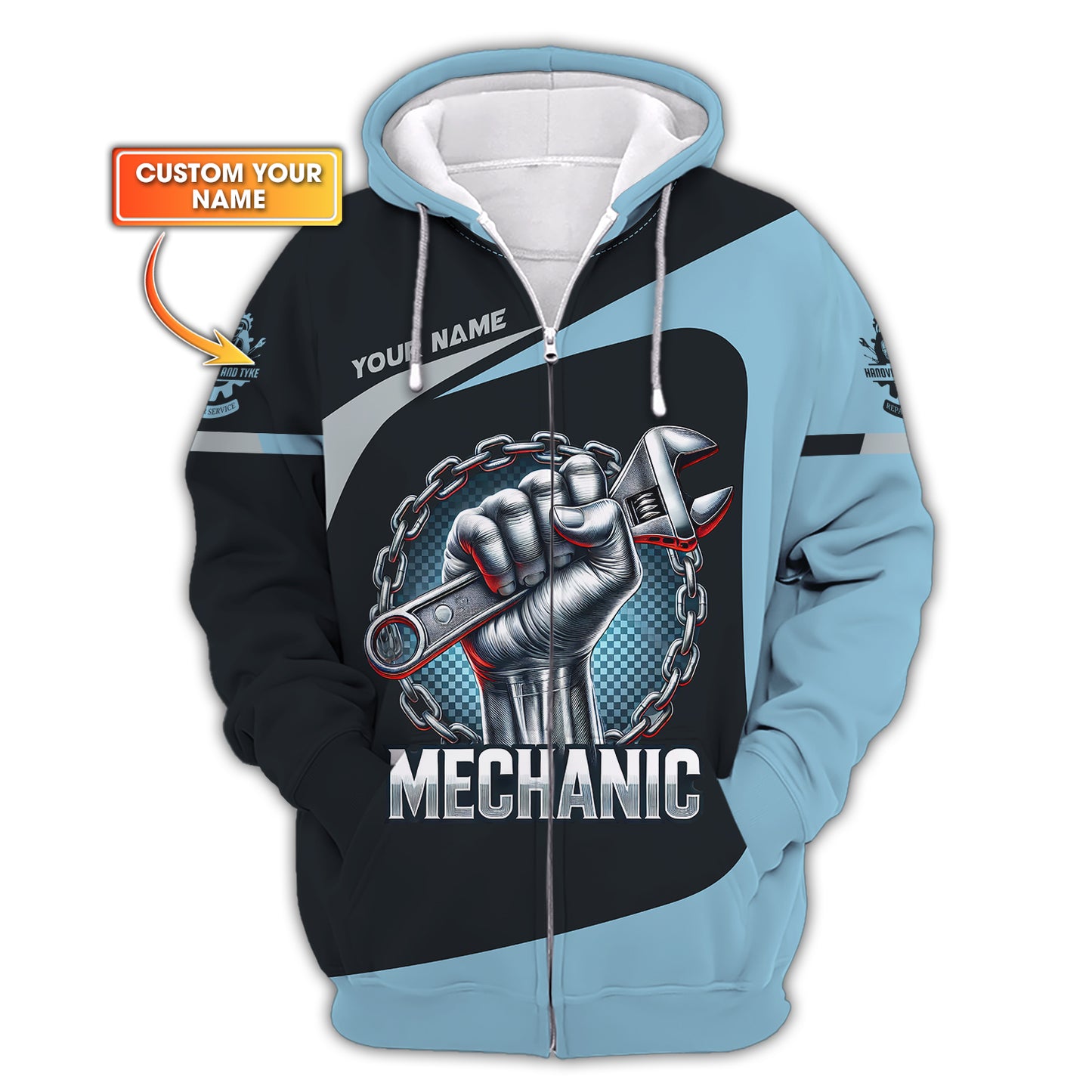 3D Full Print Wrench and Chain Mechanic Zipper Hoodie Personalized Name Gift For Mechanic Lovers