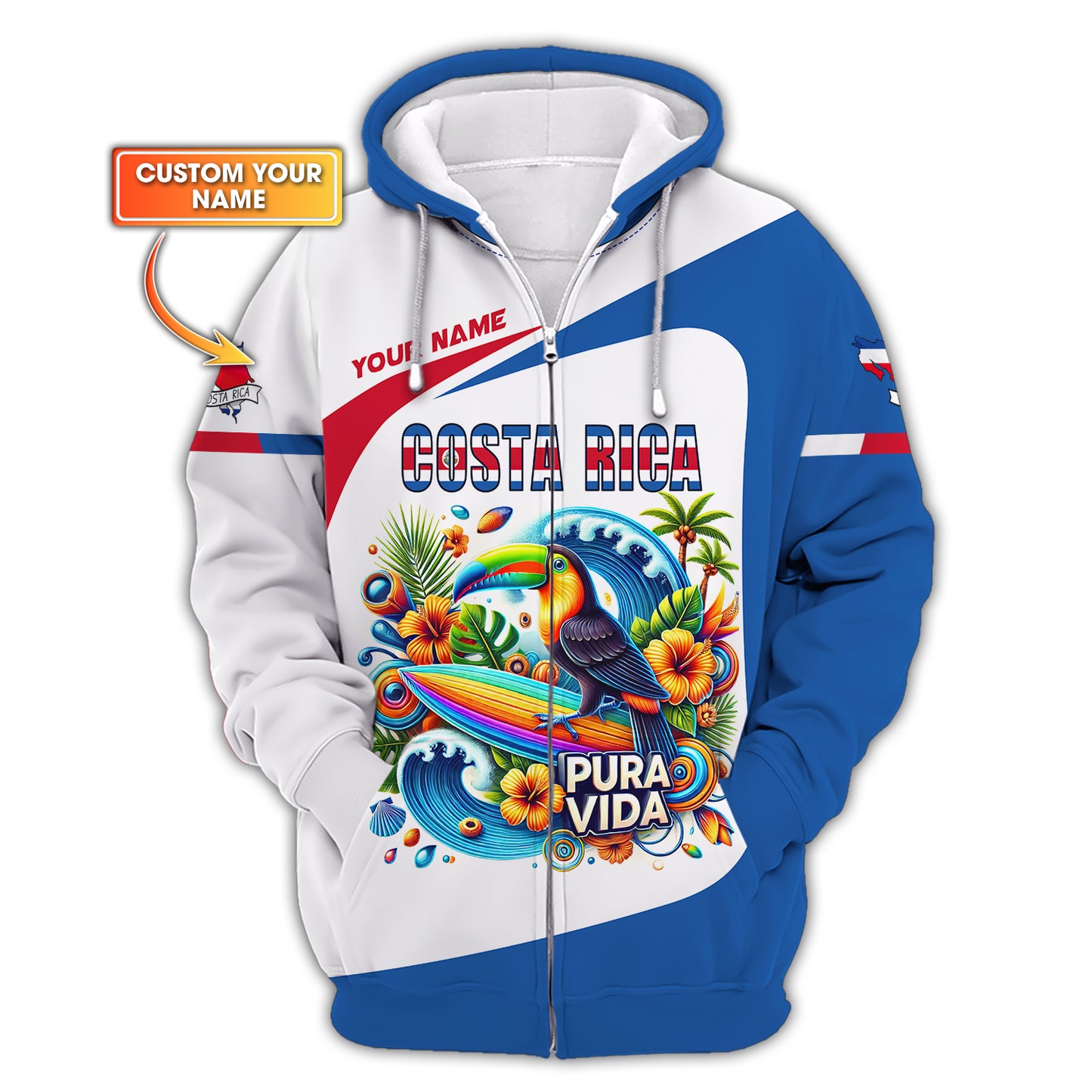 Costa Rica 3D Zipper Hoodie Personalized Name Pura Vida Shirt Gift For Costa Rica Lovers