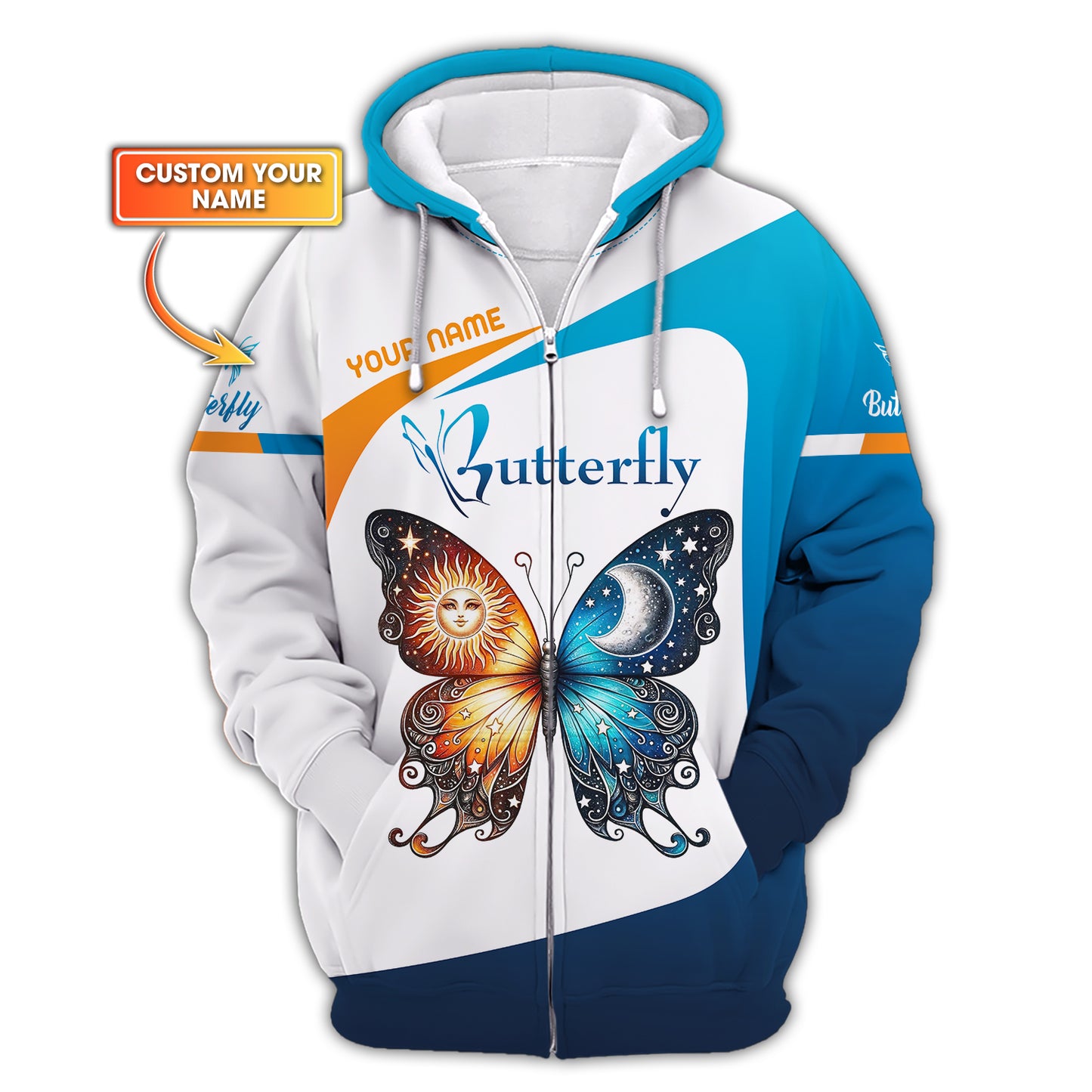 3D Full Print Sun With Moon Combine On Butterfly Zipper Hoodie Personalized Name Gift For Butterfly Lovers