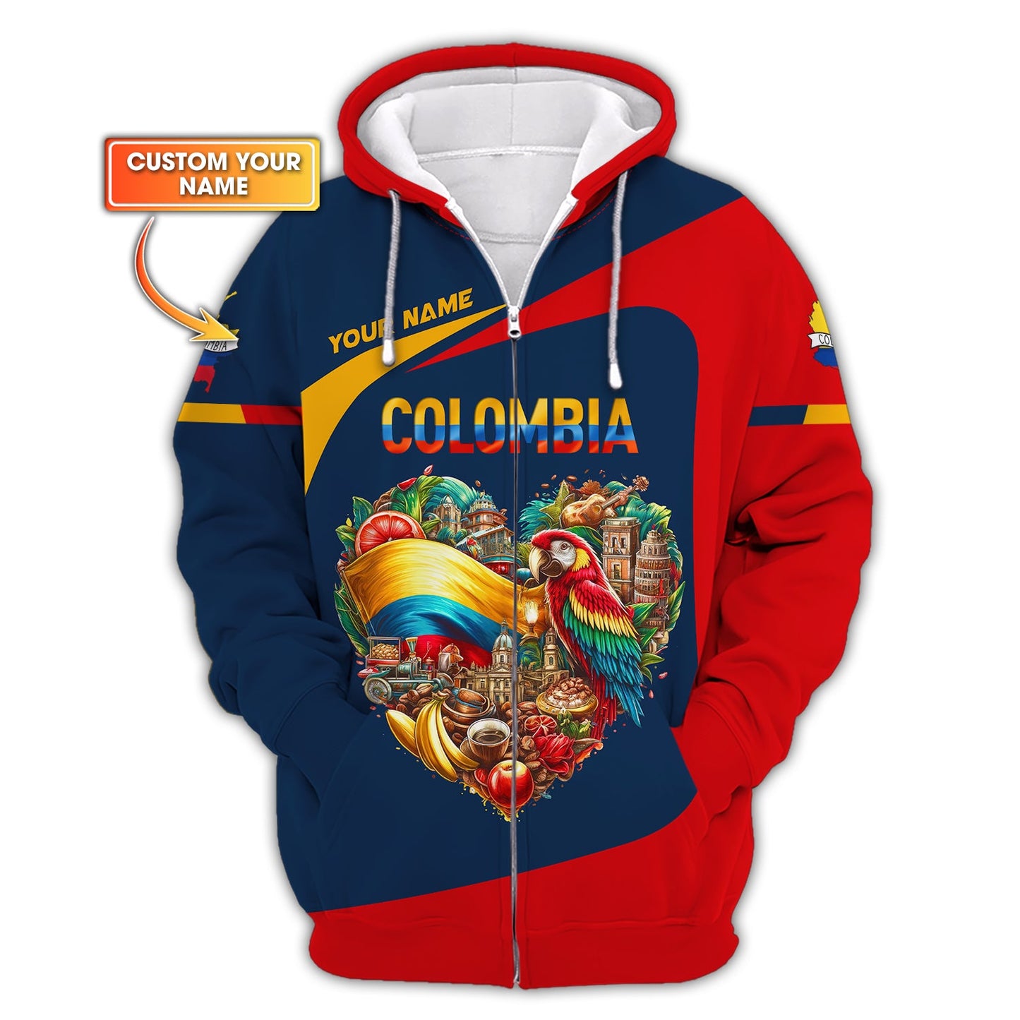 Sudadera con capucha y cremallera con corazón de Colombia, nombre personalizado, camiseta de Colombia, camiseta unisex de Colombia