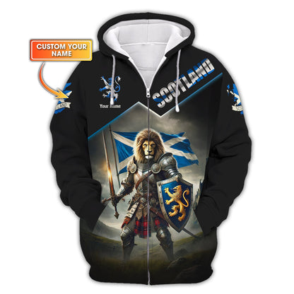 Sweat à capuche avec fermeture éclair 3D avec nom personnalisé Lion Knight, cadeau personnalisé pour les amoureux de l'Écosse